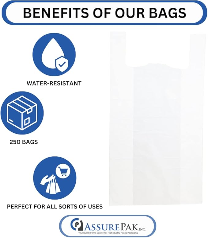 White Unprinted HDPE T-Shirt Bags - 20"x10"x36" with handles – 250 Units – 18 Microns – Retail, Business, Market, Home, at the Farmer's Market, or in a Grocery Store
