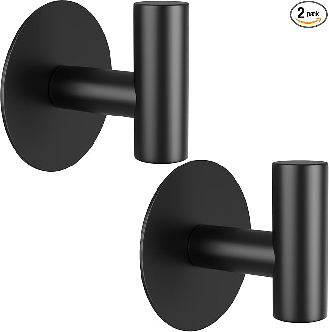 Self-Adhesive Coat Hooks, Stainless Steel Heavy Duty Wall Hooks, Towel Hooks for Hanging Robes, Aprons, Coats and Hats in Bathrooms,Kitchens and Hotels(2 Pack, Black)