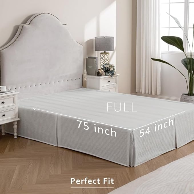 MIYE Pleated Waffle Weave Bed Skirt, Tailored Dust Ruffle 12 Inch Drop Easy Fit, Machine Washable (Light Grey, Full - 12" Drop)