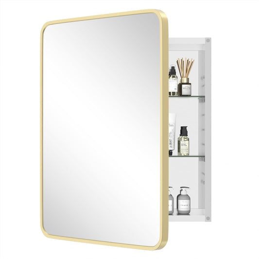 HOMECOOKIN Farmhouse Gold Metal Framed Recessed Bathroom Medicine Cabinet with Beveled Mirror Rounded Rectangle Bathroom Medicine Cabinet 22x28 inch