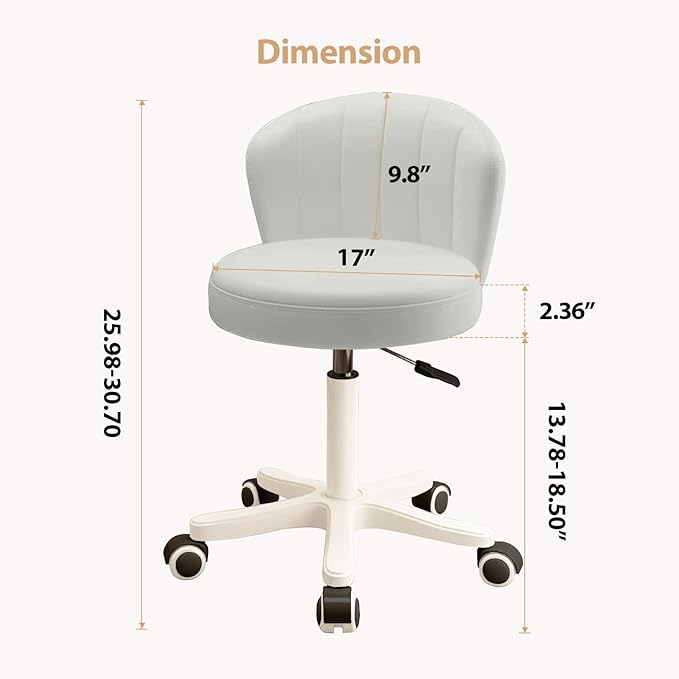 Small Desk Chair Round Rolling Chair with Back PU Leather Height Adjustable Swivel Vanity Work Computer Stool Chair for Home Office Bedroom