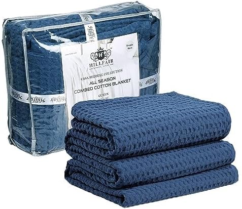 HILLFAIR 100% Cotton Blanket- 120" x 120" XXL Oversized King Bed Blankets - Family Size 10 ft x 10 ft Big - Soft Breathable Waffle Blankets for Bed - Extra Large King Cotton Blanket - Blue