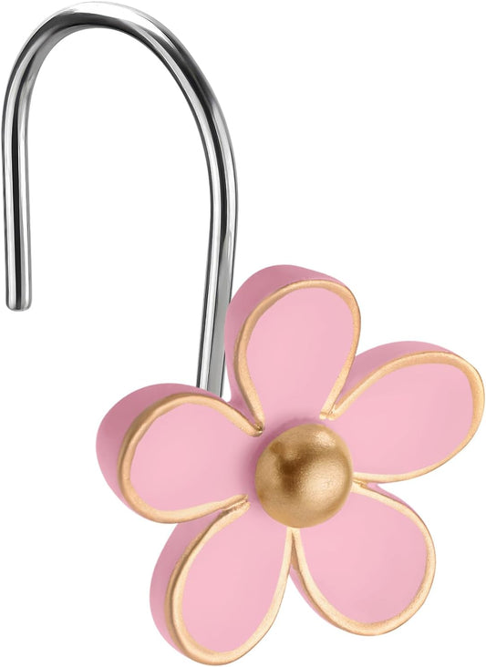 Cute Flower Shower Curtain Hooks, Pretty Floral Themed Elegant Bathroom Decor, Gold/Pink
