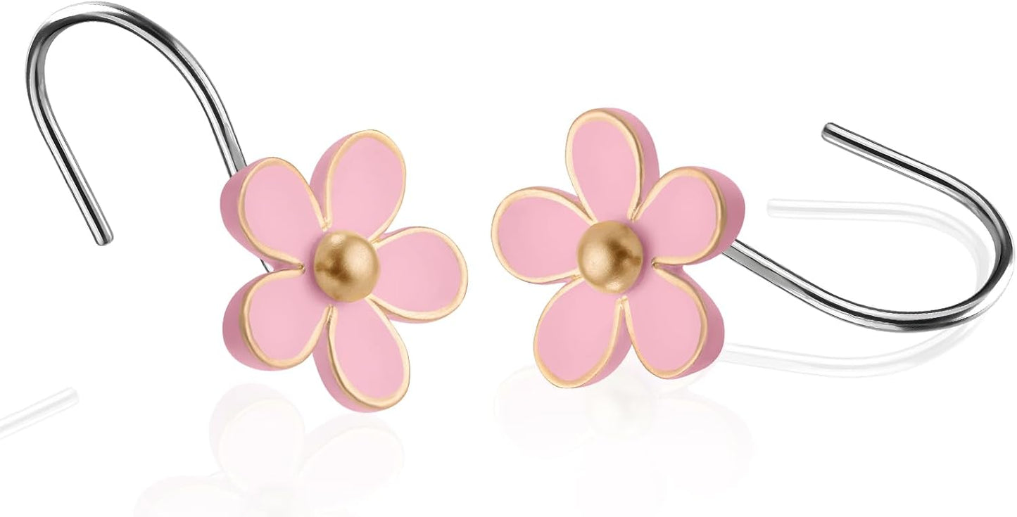 Cute Flower Shower Curtain Hooks, Pretty Floral Themed Elegant Bathroom Decor, Gold/Pink