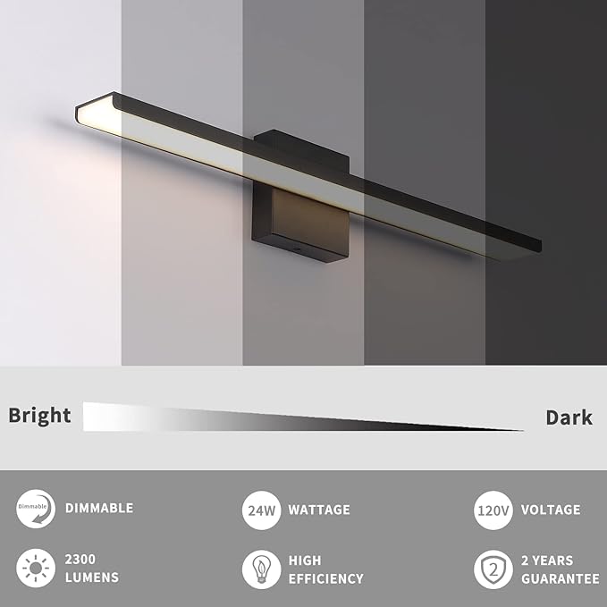 JUSHENG Bathroom Vanity Light Fixtures Aluminum & Stainless Steel Wall Mirror Vanity Light Fixtures for Bathroom & Bedroom Black Dimmable 24W 24" 3000K
