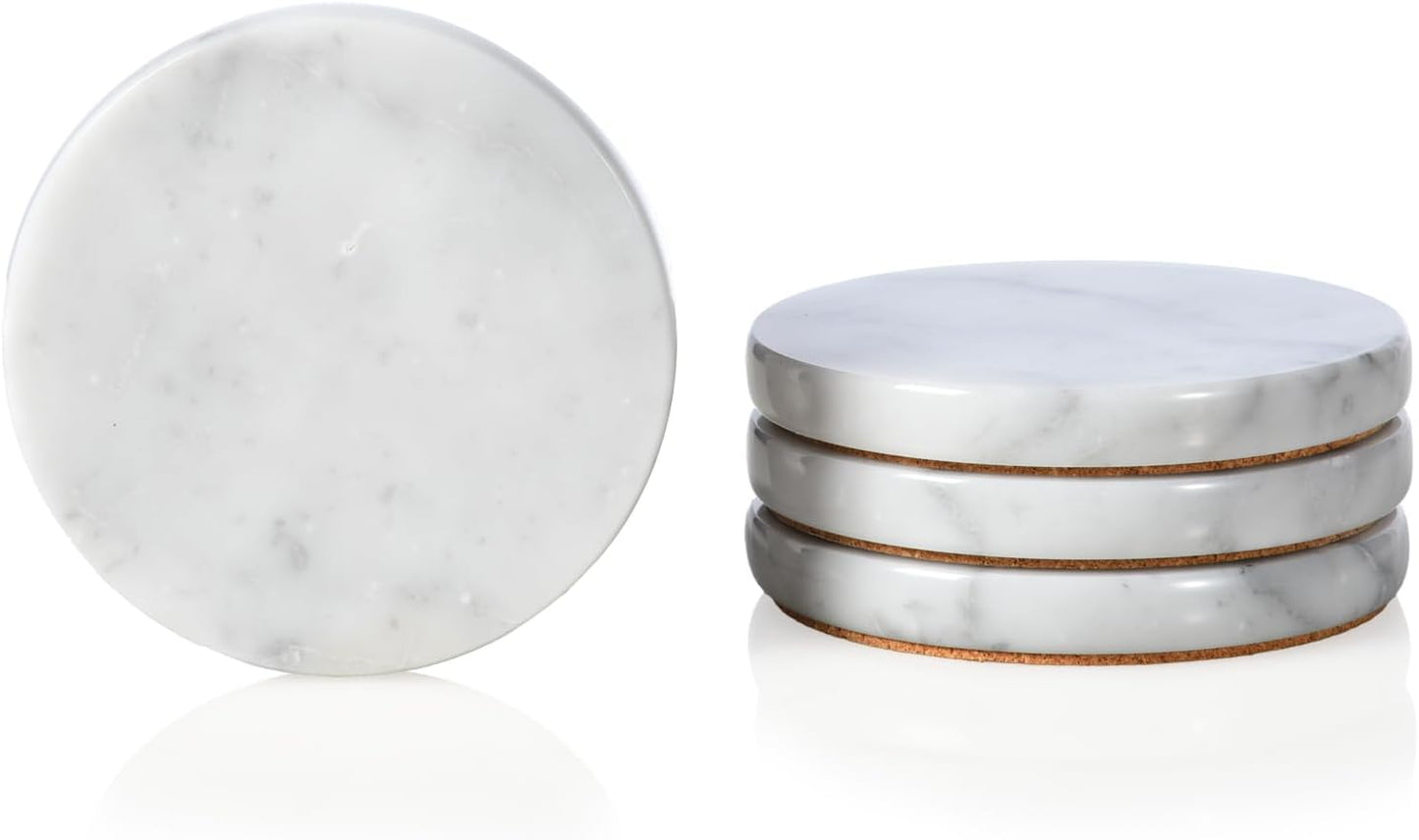 Real Natural Marble Coasters Set of 4, Carrara White Limestone 4 Inch, Modern Round Stone, Trendy Drink Coasters for Coffee Table, Kitchen Decor, Office