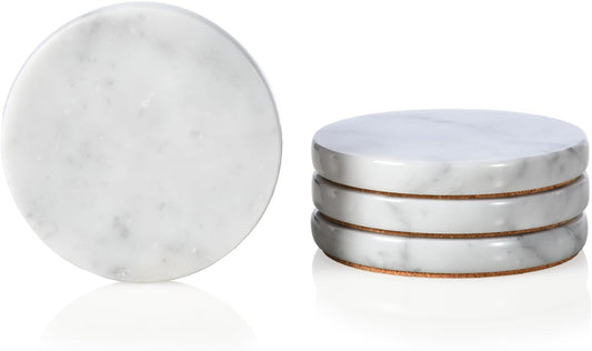 Real Natural Marble Coasters Set of 4, Carrara White Limestone 4 Inch, Modern Round Stone, Trendy Drink Coasters for Coffee Table, Kitchen Decor, Office