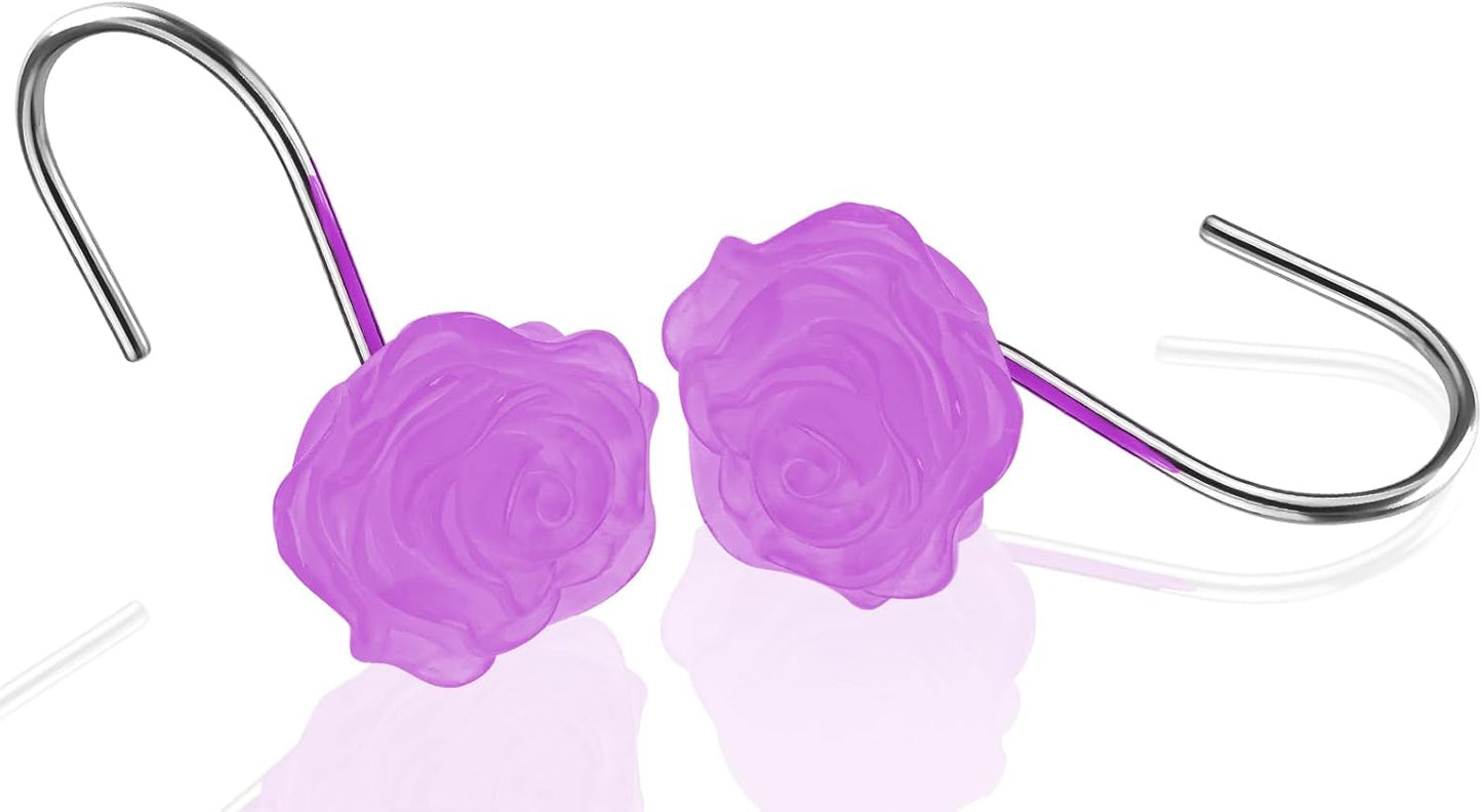 Purple Rose Shower Curtain Hooks Cute Lavender Flower Glow in The Dark Decorative Resin Hooks for Shower Curtain Rust Proof Girly Floral Bathroom Art Decors