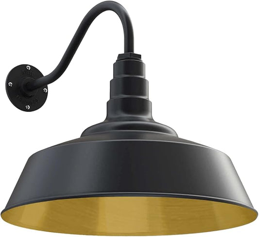 Steel Lighting Co. Redondo Barn Light | Outdoor Wall Mounted | 20 inch Dome | 16 inch Gooseneck | Large Farmhouse Warehouse Light Made in America | Matte Black Exterior/Brass Interior