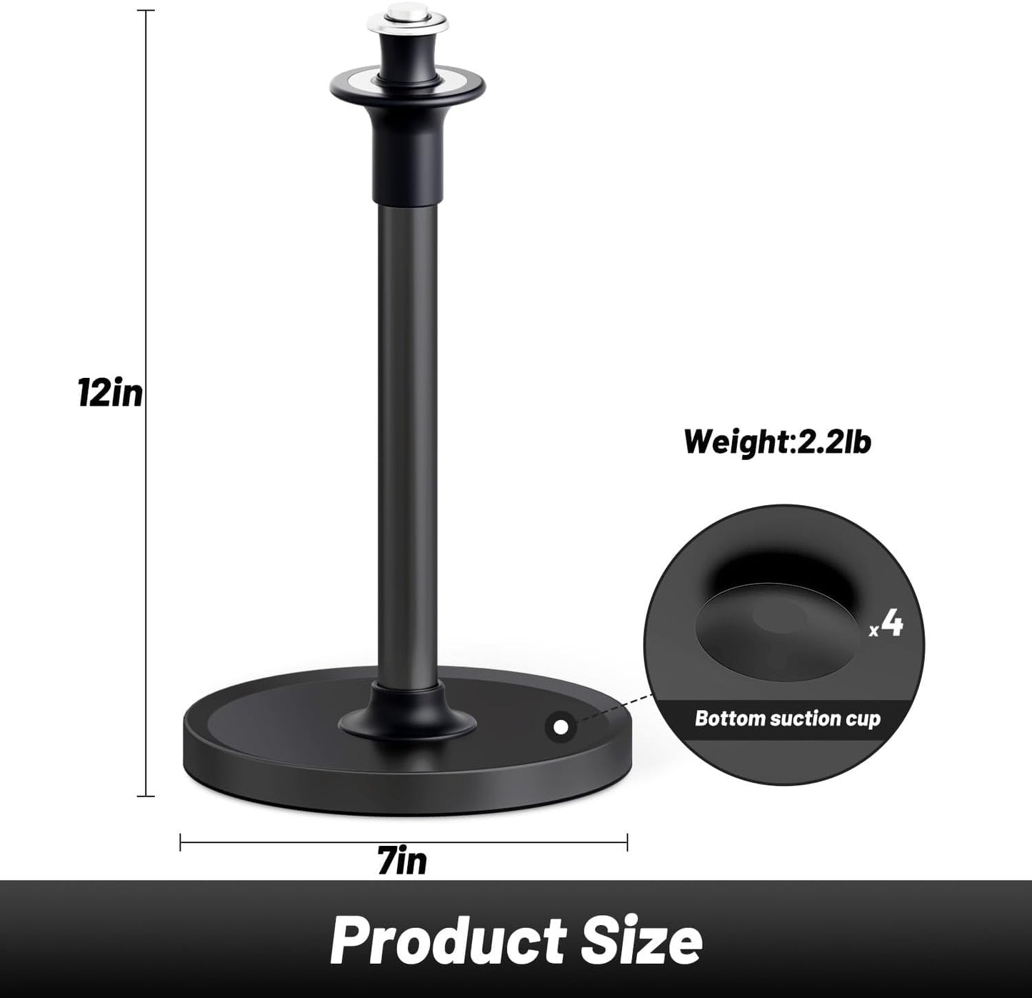 VEHHE Paper Towel Holder Countertop, Black Paper Towel Holder Stand with Spring Damping for Kitchen Bathroom, One Hand Tear Paper Stainless Steel Paper Towel Holder with Weighted Base and Suction Cups