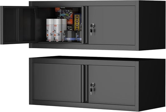 LUCYPAL Metal Garage Storage Cabinets,12.8" H Metal Wall Cabinet with Locking Doors,Upper Tool Cabinet with Shelf for Home Office,Kitchen,Garage,Workshop,Black
