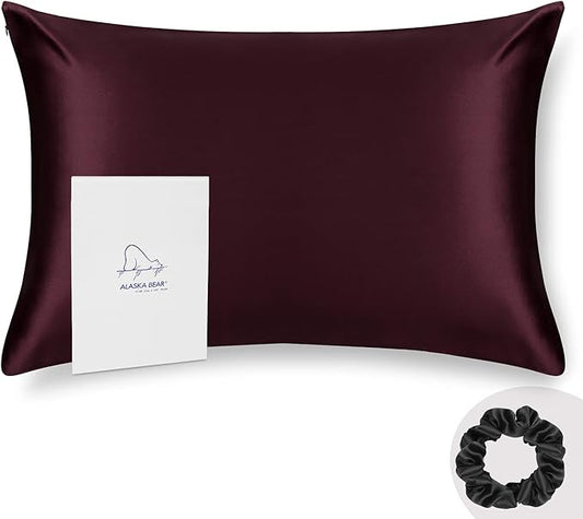 Standard Silk Pillowcase and Random Color Scrunchie Gift Set ALASKA BEAR Pillow Cases for Acne, Eyelashes & Extensions (1 Pack, Red Burgundy), Standard 20"x26"