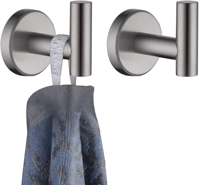 JQK Bathroom Towel Hook Brushed, Coat Robe Clothes Bath Wall Hooks for Kitchen Garage SUS 304 Stainless Steel Thick 0.8mm, 2 Pack Brushed Steel, TH100-BN-P2
