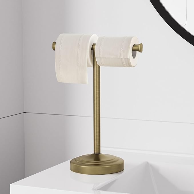 RUMOSE 13 Inch Antique Brass Towel Bar Stand Hand Holder Bathroom Kitchen Vanity Countertop T-Shape Towel Rack Free Standing Stainless Steel