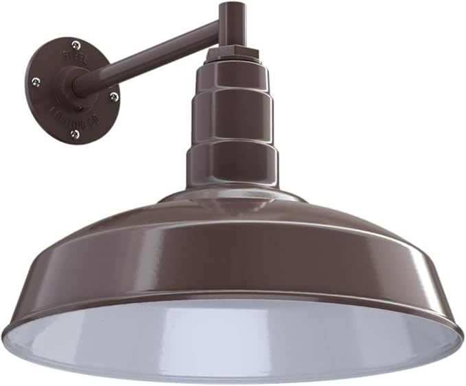Steel Lighting Co. Gardena Barn Light | Outdoor Wall Mounted | 16" Dome | 11" Straight Arm | Farmhouse Light Made in America | Dark Bronze Exterior/White Interior