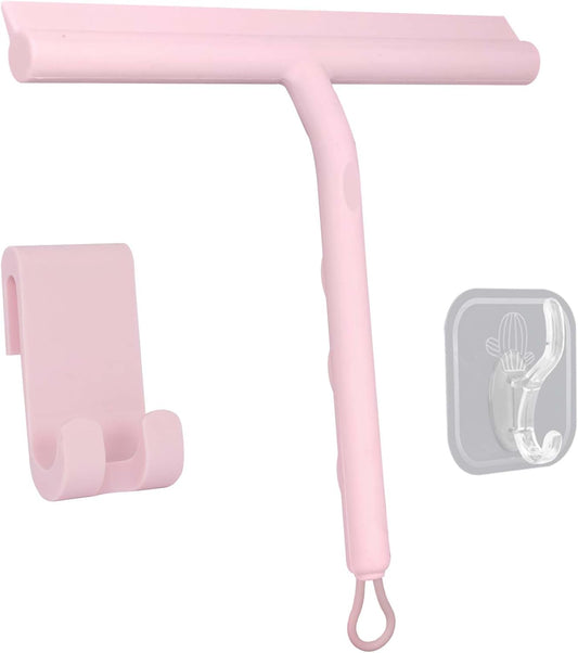Squeegee for Shower Glass Doors, Resilient Loop - No-Drill & Adhesive Hook, Silicone Shower Squeegee with Stainless Steel Core, Cleaning Tool for Home, Kitchen, Bathroom & Car - Pink