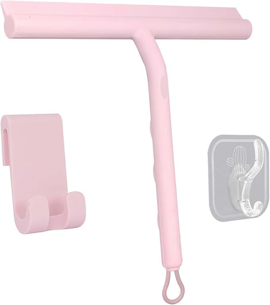 Squeegee for Shower Glass Doors, Resilient Loop - No-Drill & Adhesive Hook, Silicone Shower Squeegee with Stainless Steel Core, Cleaning Tool for Home, Kitchen, Bathroom & Car - Pink