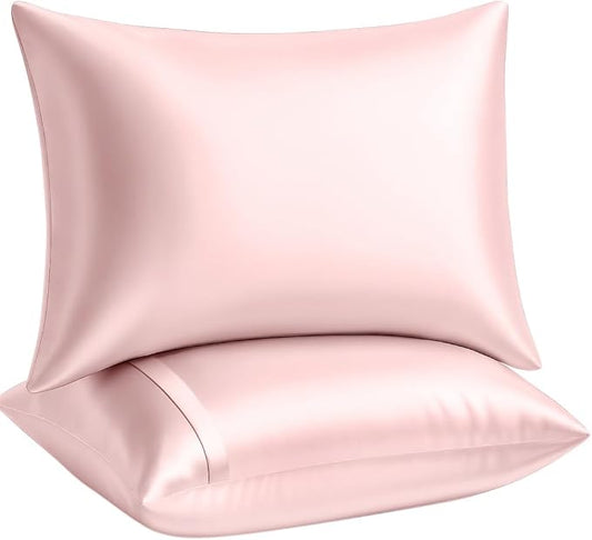 Pink Satin Pillowcase with Zipper, for Hair and Skin Care, Feels Soft and Cool Like a Silk Pillowcase, Satin Pillow Cases 2 Pack, Slik Pillow Cover, Standard Size - Set of 2