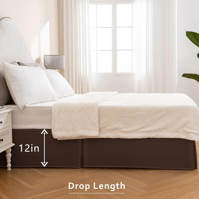 MIYE Pleated Waffle Weave Bed Skirt, Tailored Dust Ruffle 12 Inch Drop Easy Fit, Machine Washable (Brown, Full - 12" Drop)