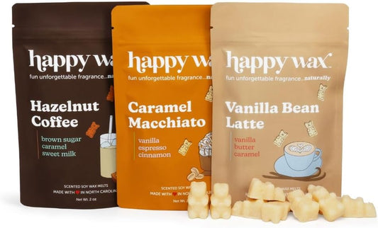 Happy Wax Coffee Mix Collection Scented Natural Soy Wax Melts – 6 Total Oz. of Scented Wax Melts, Collection Includes Hazelnut Coffee, Vanilla Bean Latte and Caramel Macchiato