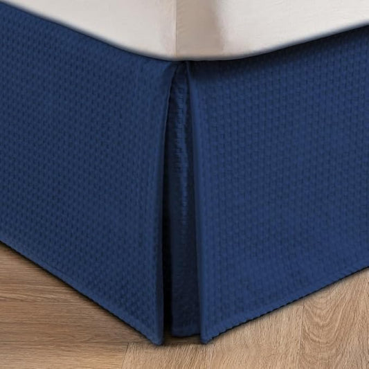 MIYE Pleated Waffle Weave Bed Skirt, Tailored Dust Ruffle 12 Inch Drop Easy Fit, Machine Washable (Navy Blue, Twin - 12" Drop)