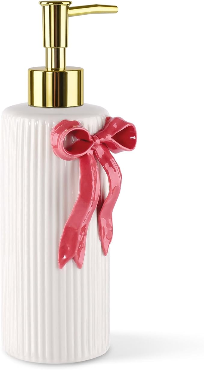 Handmade Ceramic Bow Soap Pump Dispenser Hand Lotion Liquid Dispenser Refillable for Kitchen and Bathroom Decorative (Ribbon Red)