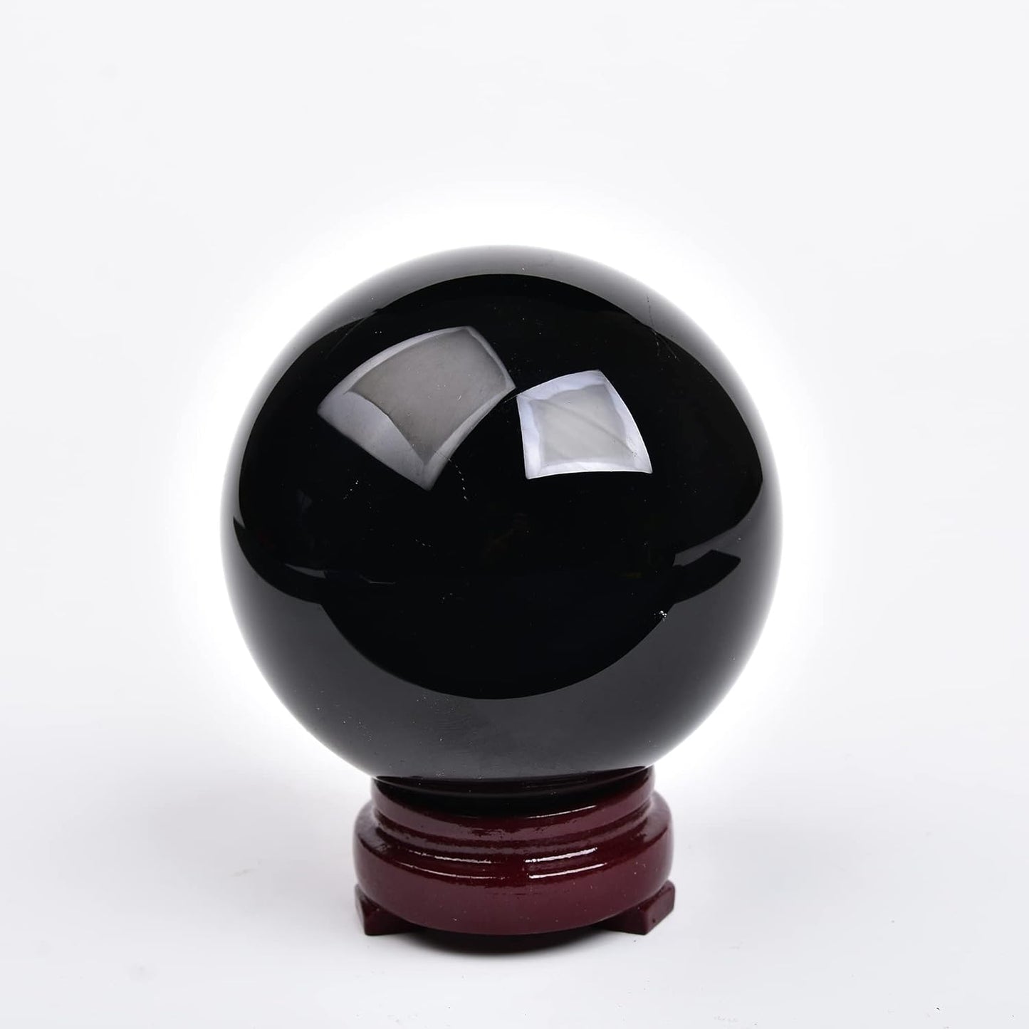JIC Gem Small Black Crystal Ball - Obsidian Sphere with Wooden Stand for Feng Shui Healing, Meditation (70-80mm)
