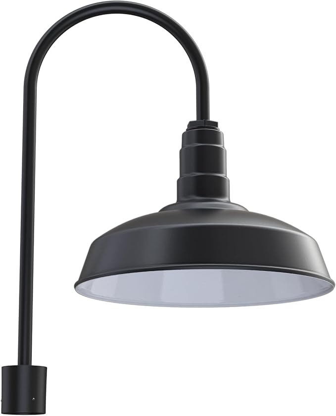 Steel Lighting Co. Gardena Barn Light | Outdoor Pole Top Mounted | 16" Dome | Upslope Gooseneck with Slip Fitter for 2-3/8" Standard Poles | Made in America | Matte Black Exterior/White Interior