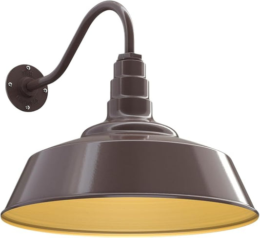 Steel Lighting Co. Redondo Barn Light | Outdoor Wall Mounted | 20 inch Dome | 16 inch Gooseneck | Large Farmhouse Warehouse Light Made in America | Dark Bronze Exterior/Brass Interior