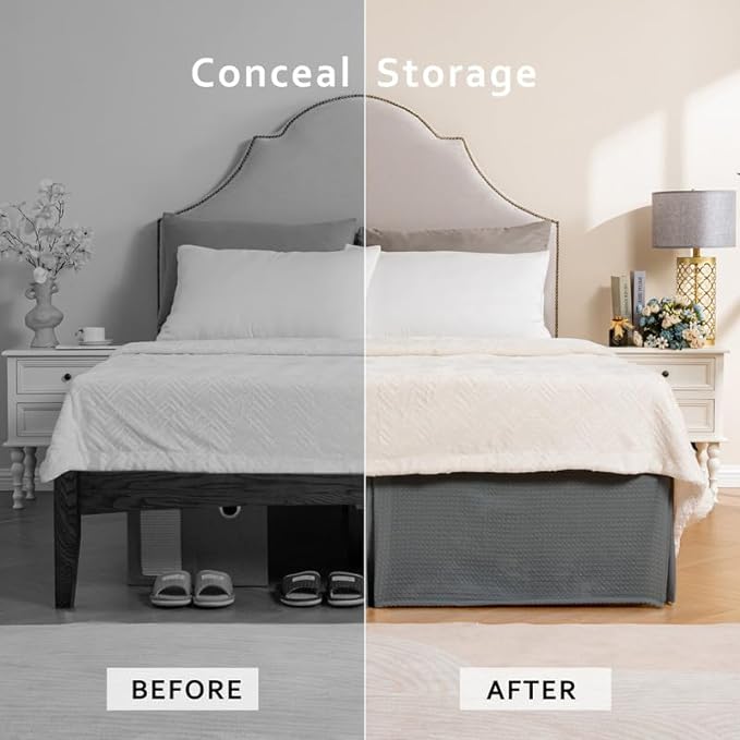 MIYE Pleated Waffle Weave Bed Skirt, Tailored Dust Ruffle 12 Inch Drop Easy Fit, Machine Washable (Dark Grey, Queen - 12" Drop)