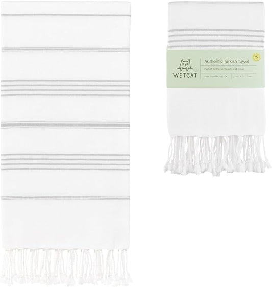 WETCAT Turkish Beach Towel Oversized (38"x71") 100% Turkish Cotton, Made in Turkey - Sand Free, Extra Large, Ultra Soft, Quick Drying, Compact & Lightweight for Travel - Grey and White
