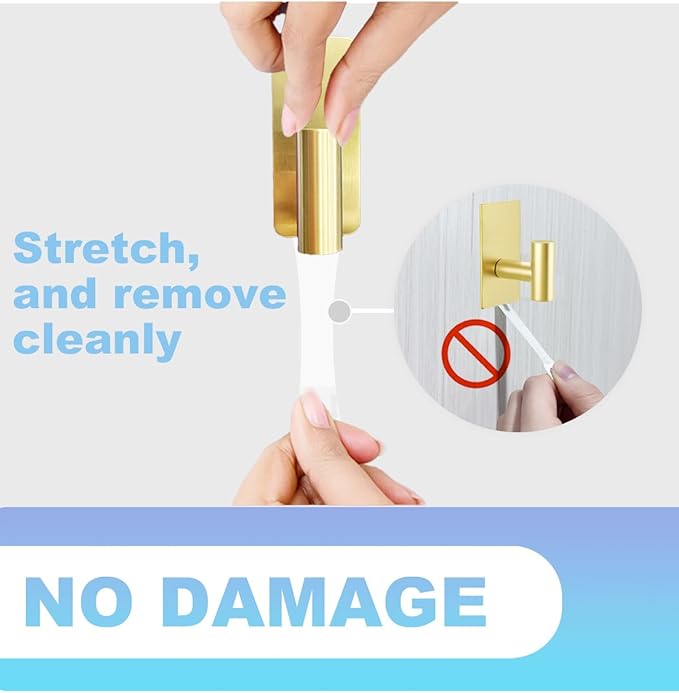 4 Pcs Towel Hooks Heavy Duty for Hanging，Adhesive Wall Hooks with Removable Strips，Sticky No Damage，Outdoor for Bathrooms，Shower，Stockings，Decor，Robe，Large，Gold 304 Stainless Steel