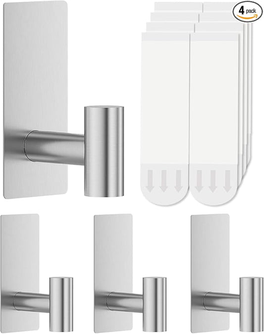 4 Pcs Towel Hooks Heavy Duty for Hanging，Adhesive Wall Hooks with Removable Strips，Sticky No Damage，Outdoor for Bathrooms，Shower，Stockings，Decor，Robe，Large，Silver 304 Stainless Steel