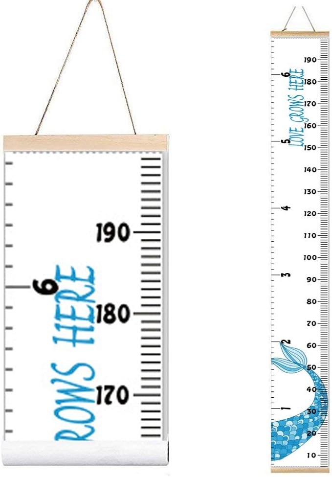 Kids Growth Chart, Wood Frame Fabric Canvas Height Measurement Ruler from Baby to Adult for Child's Room Decoration 7.9 x 79in (7.9 x 79in, Blue Mermaid)