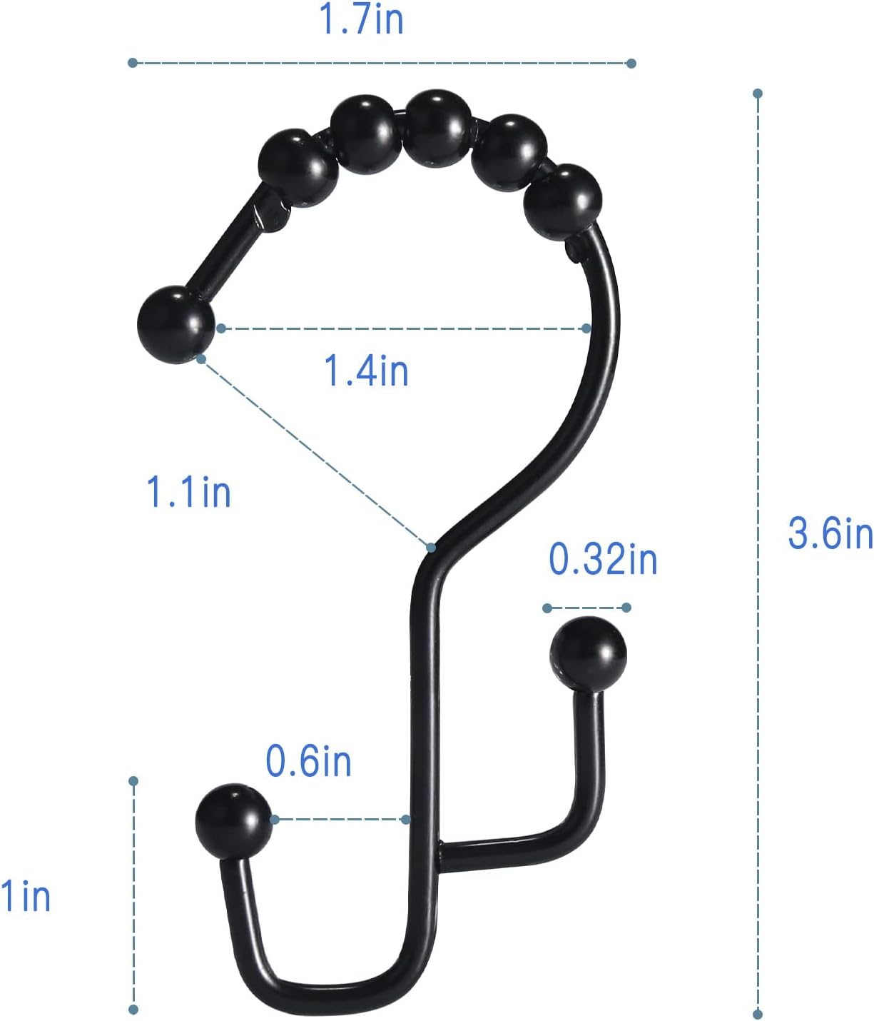 Shower Curtain Hooks, 12 Pcs Double Shower Curtain Hooks Rings, Black Shower Curtain Hooks Rust Proof, Stainless Steel Bathroom Shower Hooks for Shower Curtain, Towels, Clothing, Black