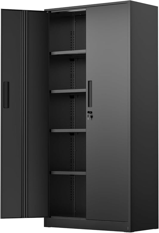 SUNCROWN 72" Metal Storage Cabinet - Heavy-Duty Metal Garage Cabinet with 4 Adjustable Shelves & 2 Doors for Tools, Office, Home, Workshop,Black-Small