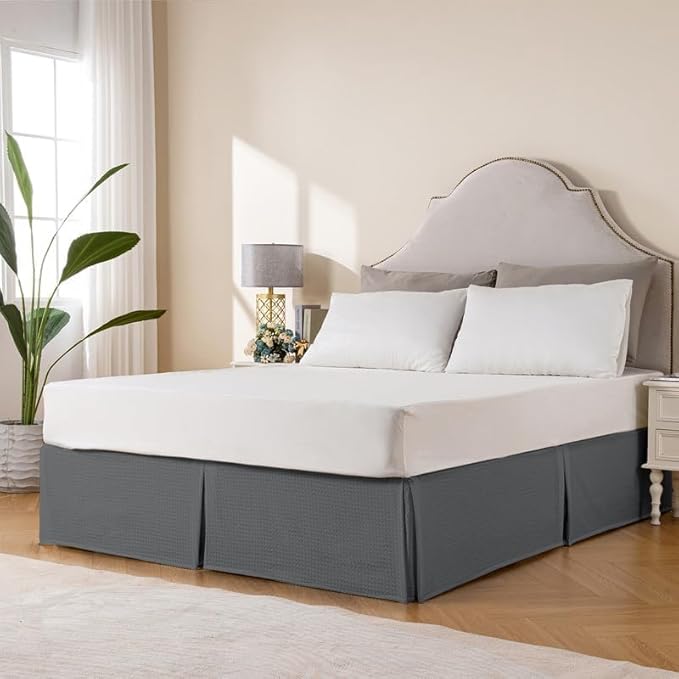 MIYE Pleated Waffle Weave Bed Skirt, Tailored Dust Ruffle 14 Inch Drop Easy Fit, Machine Washable (Dark Grey,Cal King - 14" Drop)