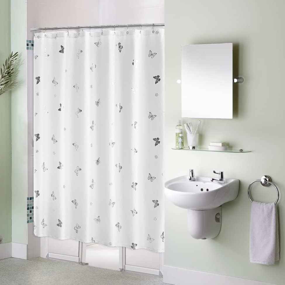Jubilantex Butterfly Shower Curtain for Bathroom, White Silver Print Farmhouse Waterproof Bathroom Decorative Rustic Kids Shower Curtain with 12 Rust Proof Grommets for Spa Hotel, 70x76 Inches