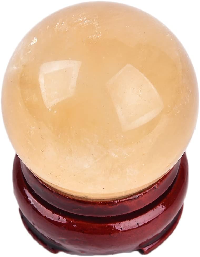 JIC Gem 2inch Natural Orange Calcite Healing Quartz Crystal Sphere Gemstone Ball with Wood Stand for Fengshui Healing and Decoration