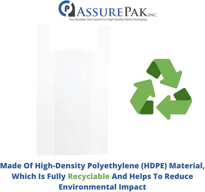White Unprinted HDPE T-Shirt Bags - 20"x10"x36" with handles – 250 Units – 18 Microns – Retail, Business, Market, Home, at the Farmer's Market, or in a Grocery Store