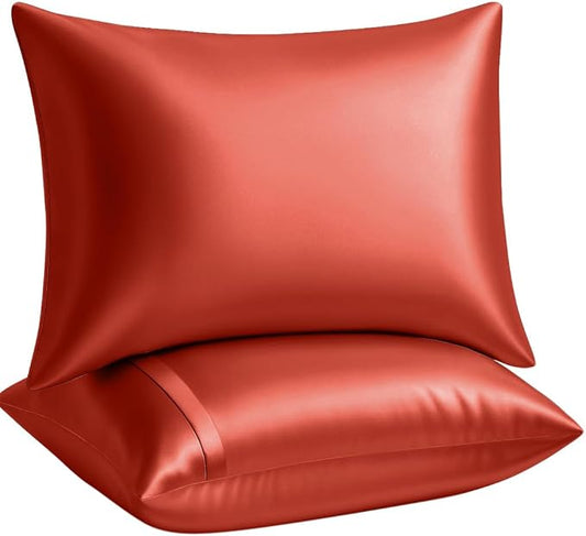 Satin Pillowcase with Zipper, for Hair and Skin Care, Feels Soft and Cool Like a Silk Pillowcase, Satin Pillow Cases 2 Pack, Slik Pillow Cover, Rust - Queen Size, Set of 2