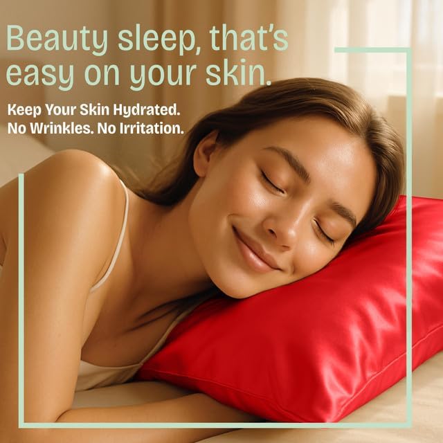 Satin Pillowcase with Zipper, for Hair and Skin Care, Feels Soft and Cool Like a Silk Pillowcase, Red Satin Pillow Cases Set of 2, Slik Pillow Cover, Queen Size - 2 Pack