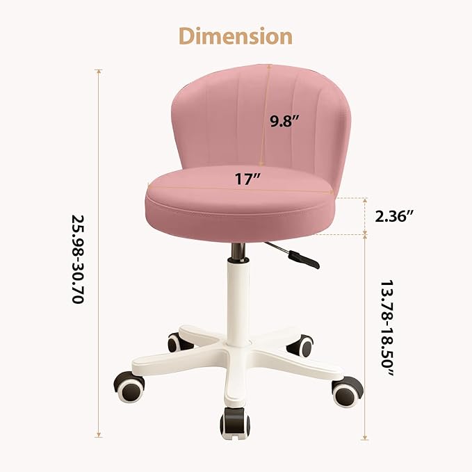 Small Desk Chair Round Rolling Chair with Back PU Leather Height Adjustable Swivel Vanity Work Computer Stool Chair for Home Office Bedroom