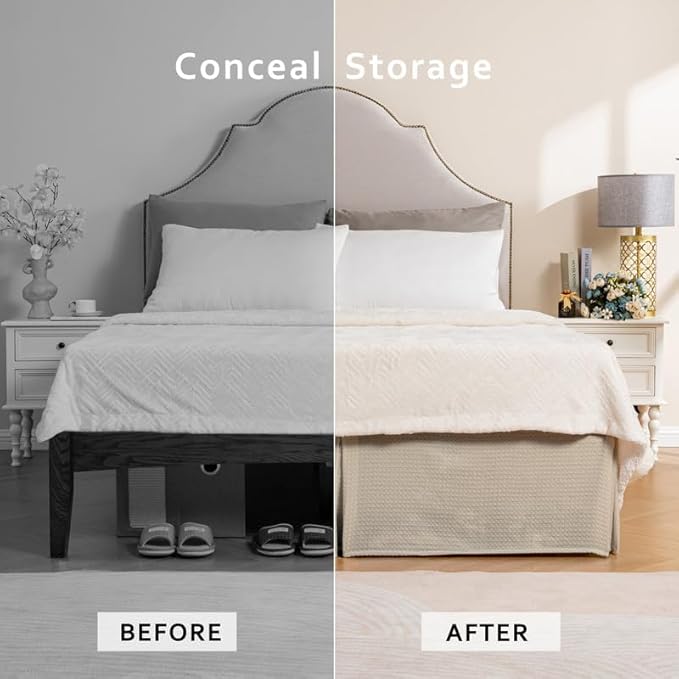 MIYE Pleated Waffle Weave Bed Skirt, Tailored Dust Ruffle 14 Inch Drop Easy Fit, Machine Washable,No Split Corners (Beige, TwinXL - 14" Drop)