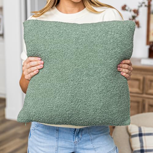 SAMIAH LUXE Green Teddy Boucle Pillow Covers 20x20 2pcs for Home Living Room Decor, Sherpa Textured Decorative Throw Pillow Covers for Boho Decor, Square Throw Cushion Euro Shams for Modern Farmhouse