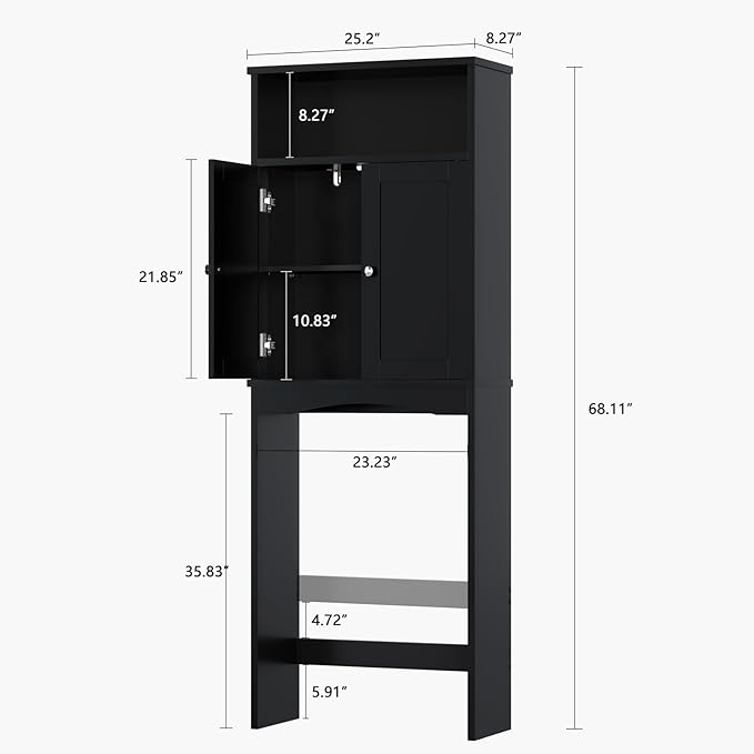Over The Toilet Storage Cabinet, Over The Toilet Storage with Adjustable Shelf and Double Doors, Above Toilet Storage Cabinet for Bathroom Storage Over Toilet Bathroom Organizer (Black)
