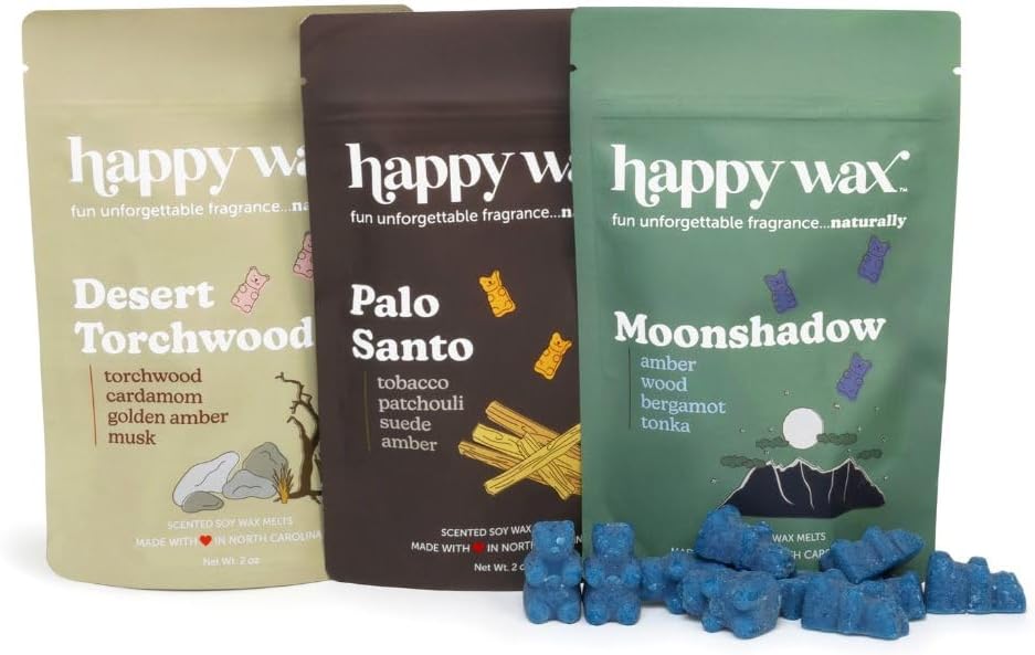 Happy Wax Wanderlust Collection Scented Natural Soy Wax Melts – 6 Total Oz. of Scented Wax Melts, Collection Includes Palo Santo, Desert Torchwood, and Moonshadow