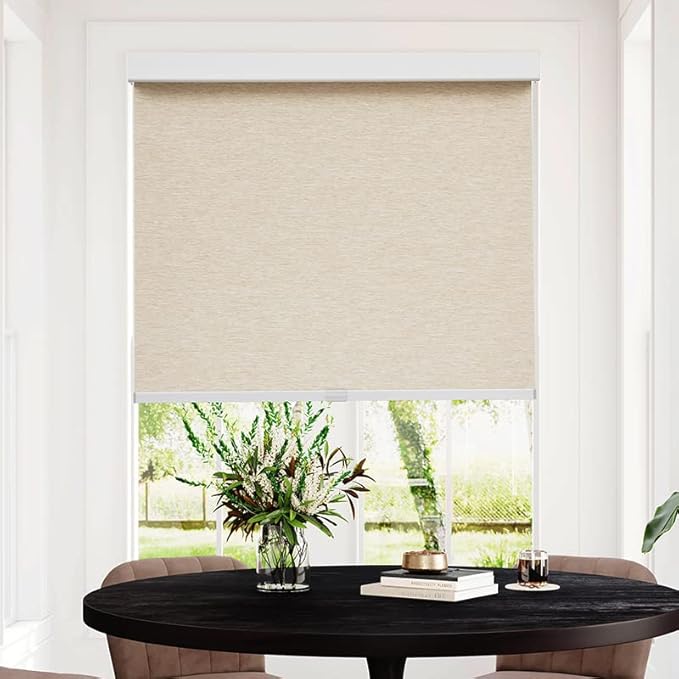 Persilux Free-Stop Cordless Light Filtering Roller Shades for Windows (Khaki 27" x 72") Natural Woven Fabric UV Protection Privacy Roller Blinds for Windows Blinds for Doors, Home, Office, Kitchen