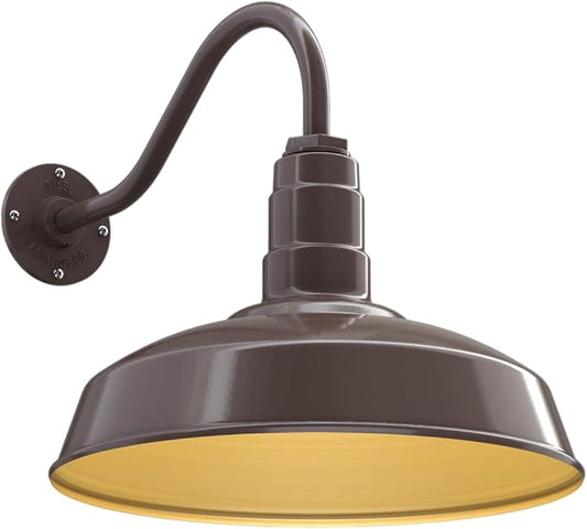 Steel Lighting Co. Gardena Barn Light | Outdoor Wall Mounted | 16" Dome | 16" Gooseneck | Farmhouse Light Made in America | Dark Bronze Exterior/Brass Interior