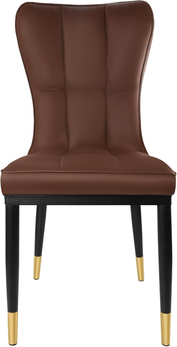 High-Back Faux Leather Dining Chairs Set of 2, Modern Sturdy Upholstered Accent Side Chair Deep Sponge Padded Seat with Metal Legs for Kitchen Dining Living Room Bedroom (Brown)